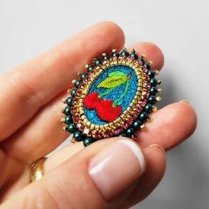 Authentic Celeste Mogador Hand Stitched, Beaded Mini Cherry Brooch Retired 2021